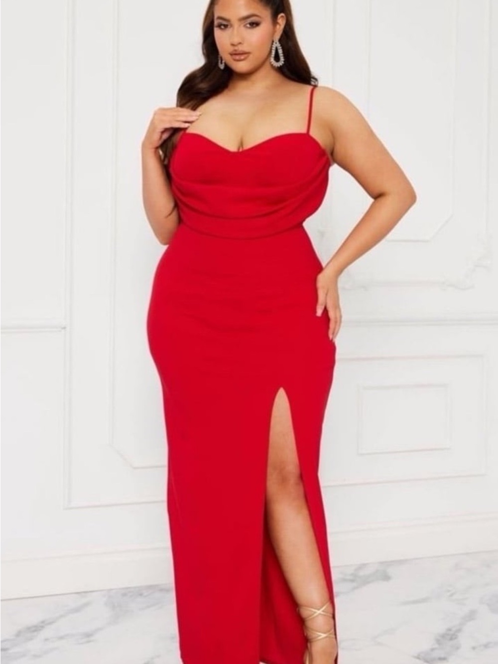 Fashion Nova Red Cowl Neck Maxi Dress with Thigh Slit